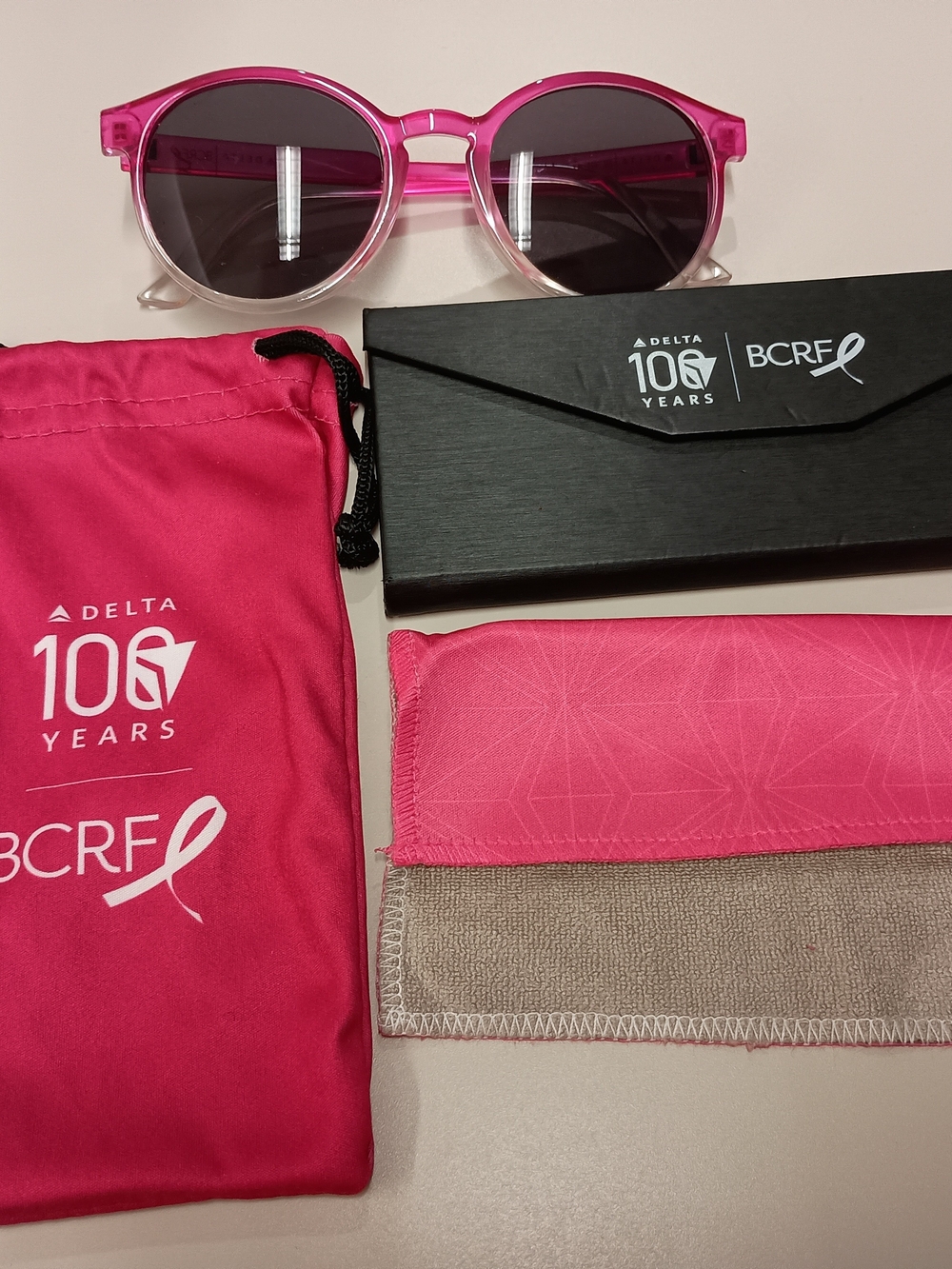 Delta x BCRF Pink Sunglasses Set - Drawstring Bag, Case & Lens Cloth Included